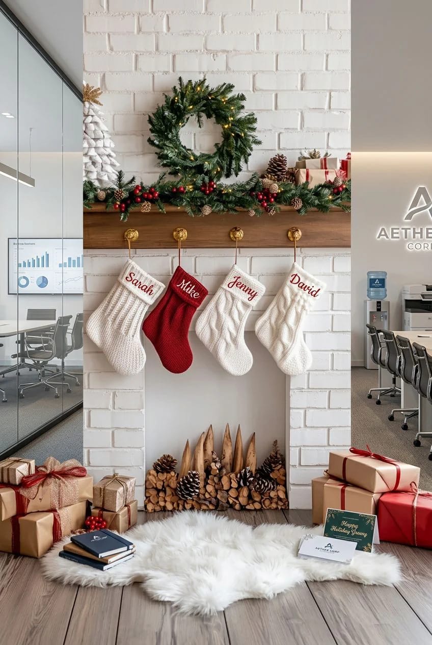 fake a cozy hearth, stockings and all, on a flat door 1