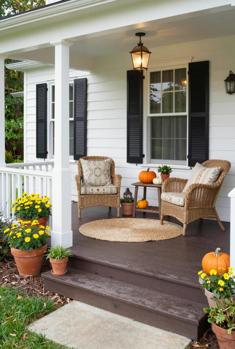 farmhouse porch with dark wood floor, wicker seating, and pumpkin decor. 1