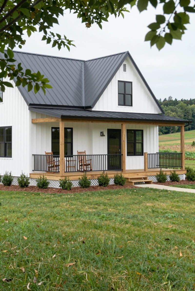farmhouse with vertical siding, wood porch, black railings, and rural views. 1