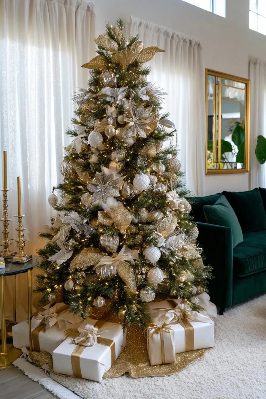 Elegant Christmas Tree Ideas with Gold and Glass Ornaments 23 finish at the base and in the room 1