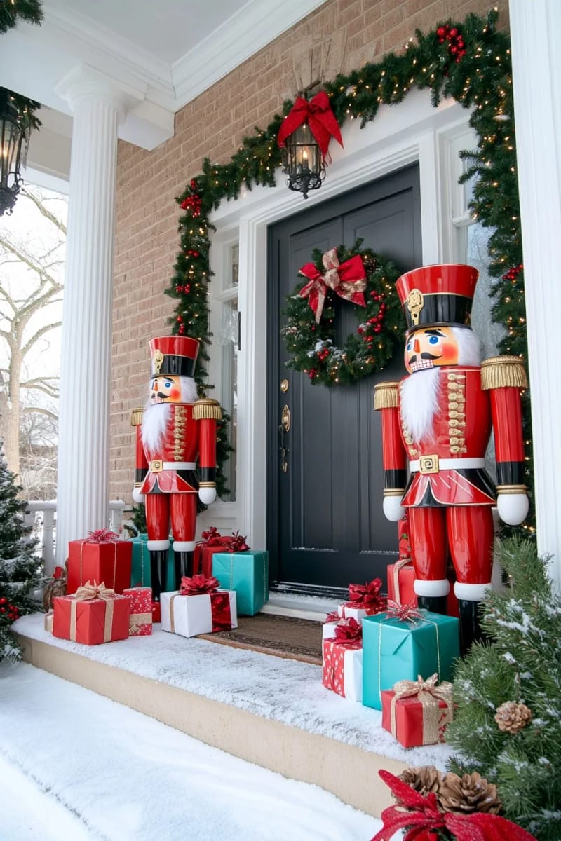 flank the door with giant presents and a nutcracker guard 10