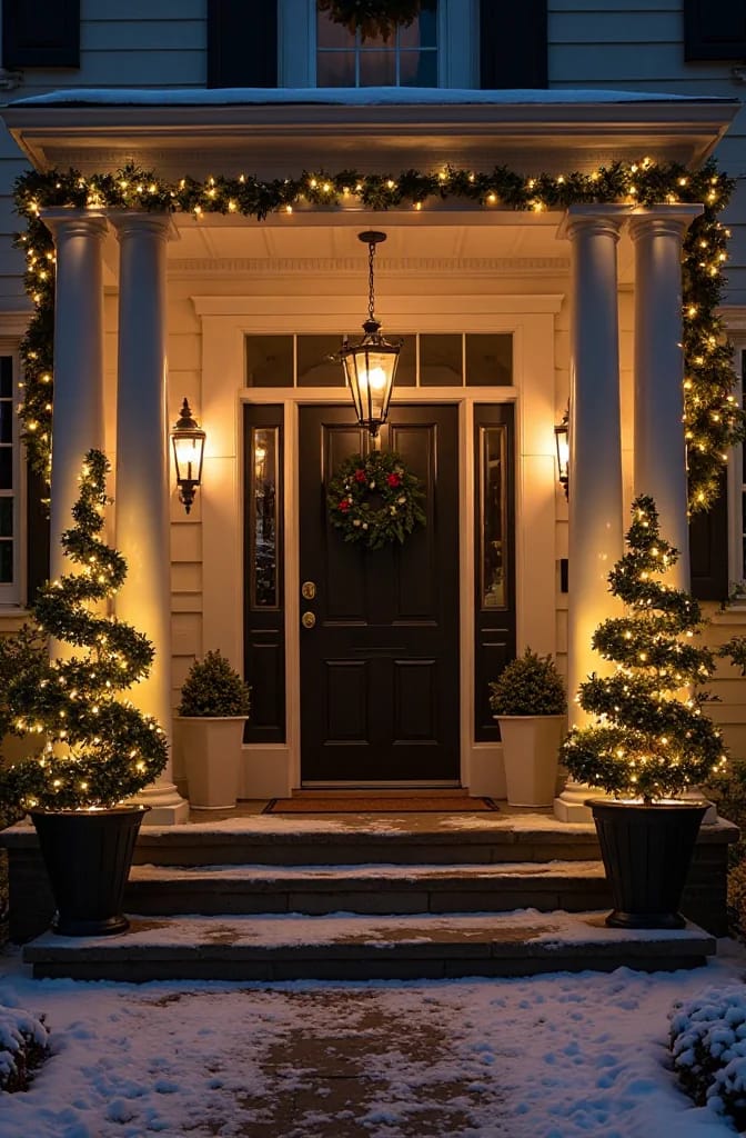 flank the door with pre-lit potted trees or boxwood 1