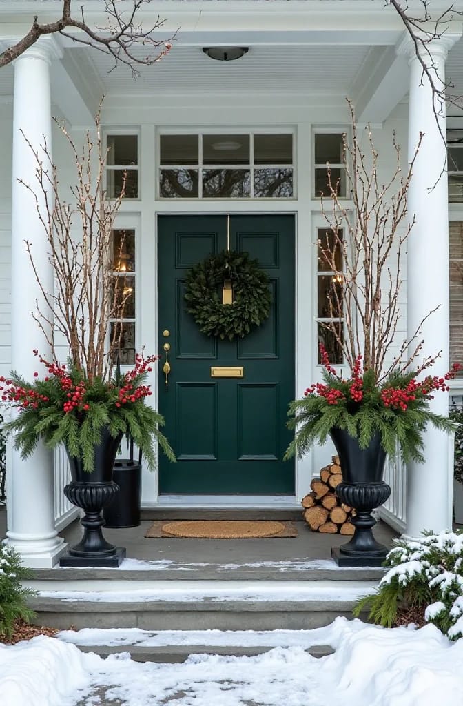 flank the door with urns of birch branches and loose boughs 1