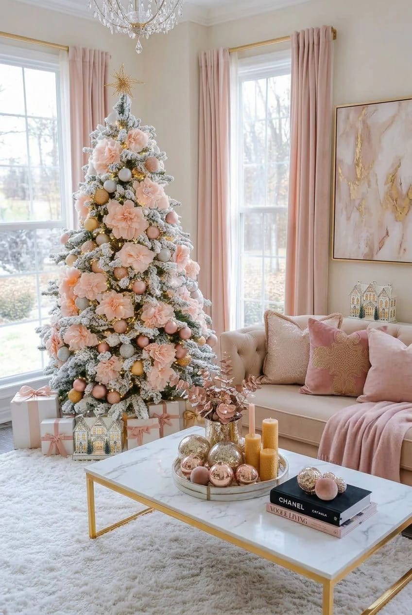 Pink Christmas Decor Ideas for a Glam Living Room 2 flock the tree white, then layer blush and rose gold 1