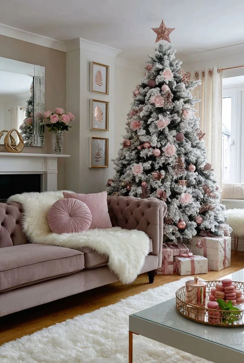 Pink Christmas Decor Ideas for a Glam Living Room 3 flock the tree white, then layer blush and rose gold 1