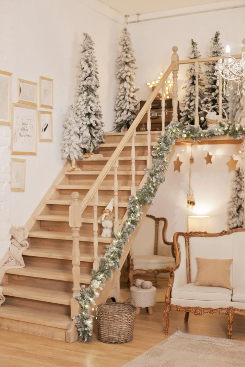 flocked garland turns a plain white staircase into a snow scene 1