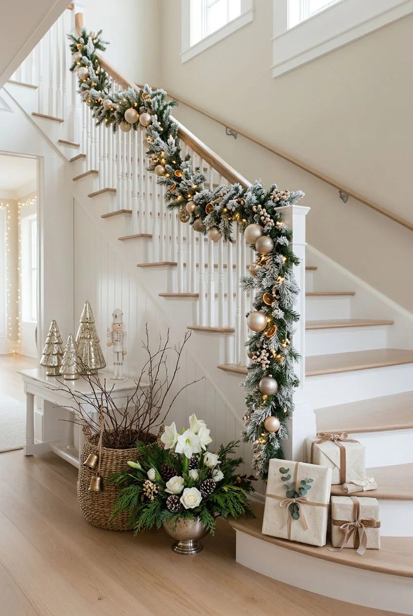 flocked garland turns a plain white staircase into a snow scene 1