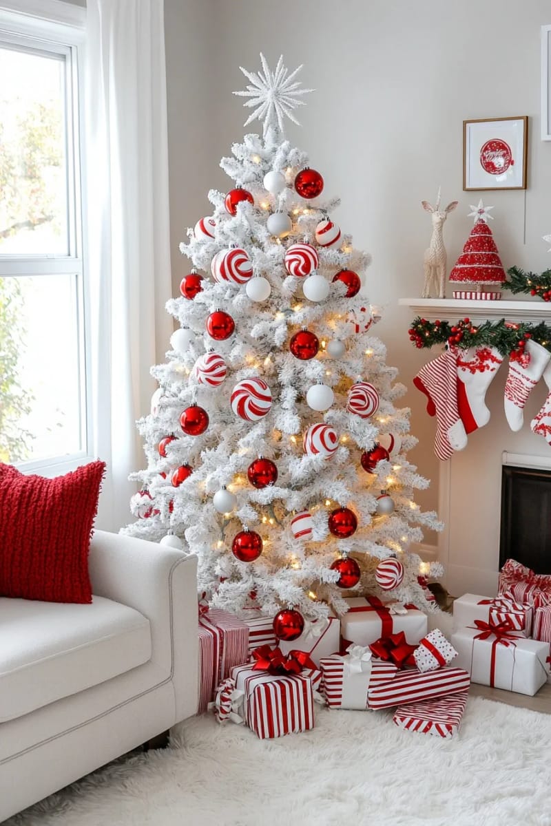 11 Whimsical Candy Cane Christmas Decorations Worth Doing Well 3 flocked red-and-white candy cane tree 2