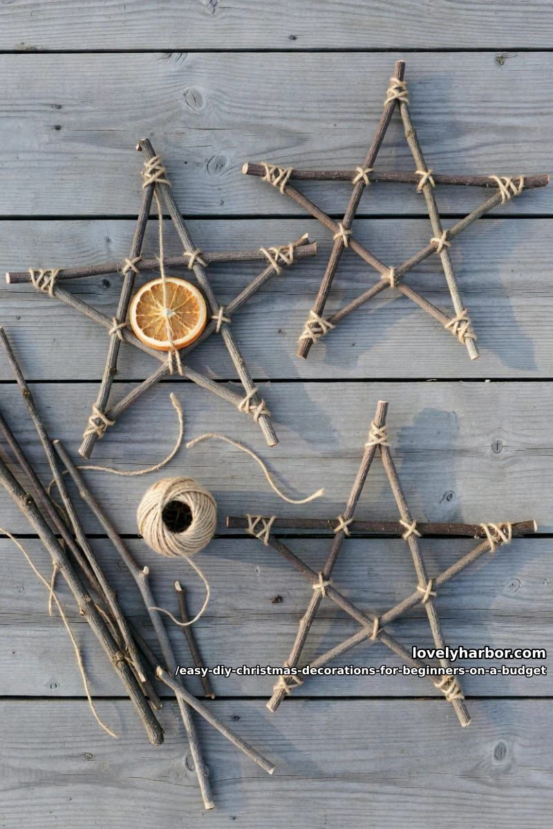 12 Easy DIY Christmas Decorations for Beginners on a Budget 17 foraged twig stars tied with twine 1