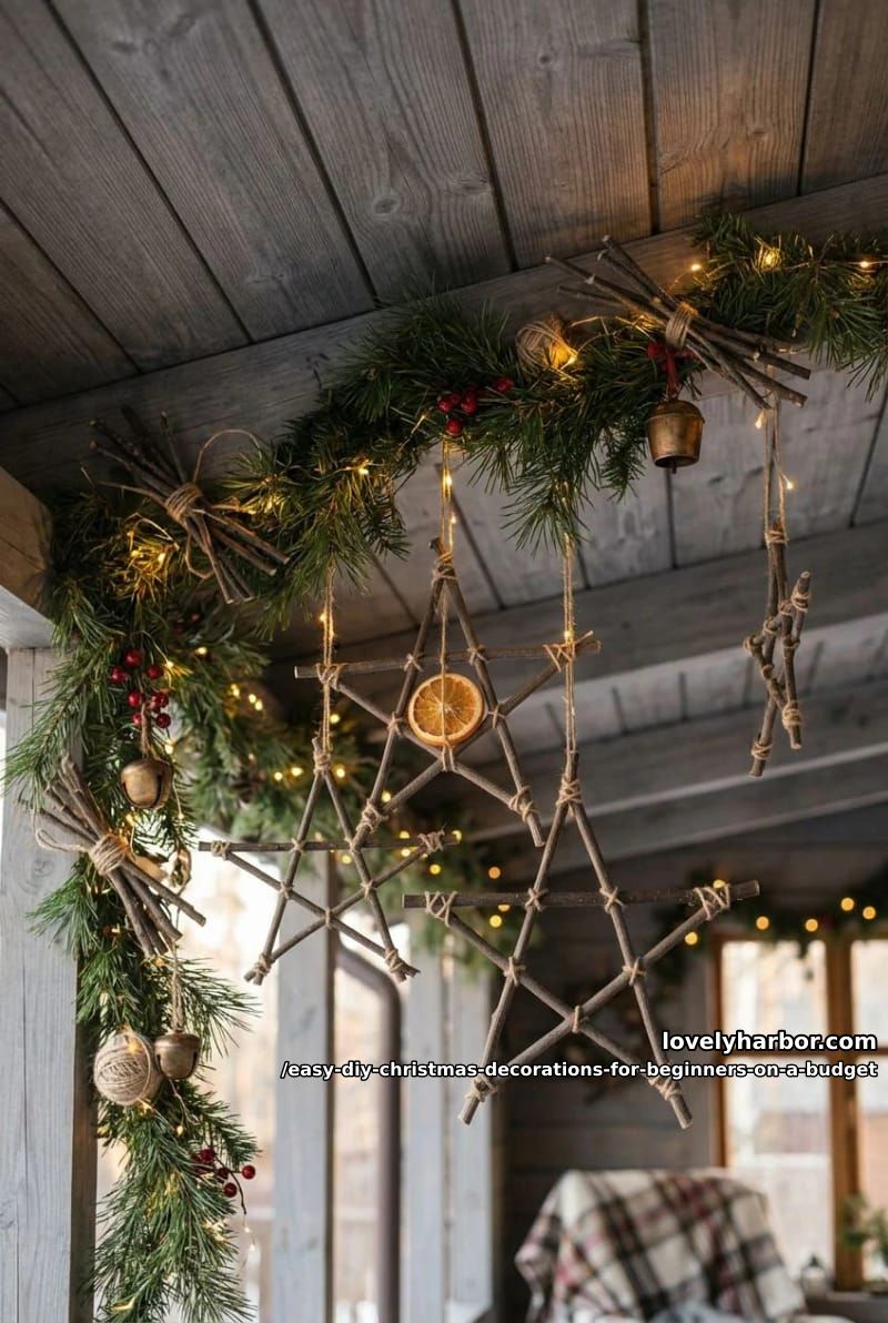 12 Easy DIY Christmas Decorations for Beginners on a Budget 18 foraged twig stars tied with twine 1