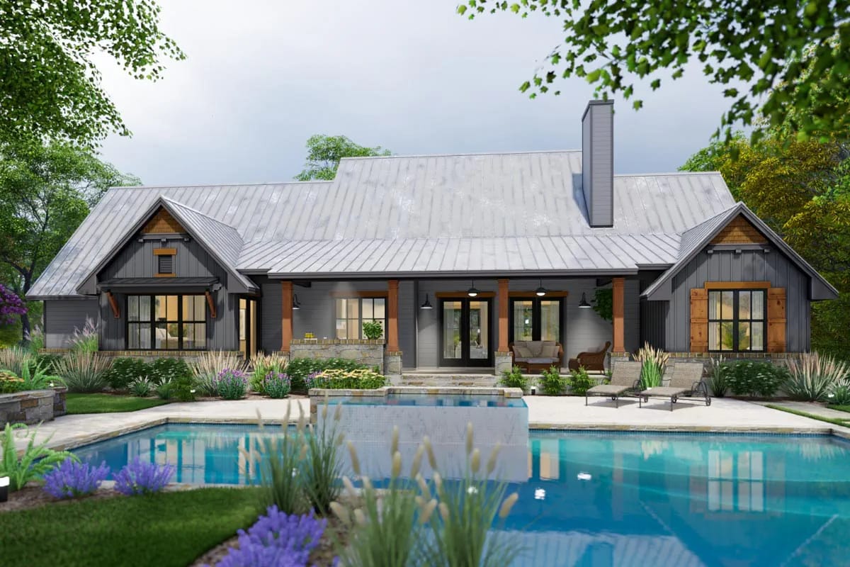 3-Bedroom Country Craftsman House Plan with a Loft Under a 12-in-12 Roof (2,510 Sq. Ft. Floor Plan) 8 forty-two feet of rear veranda, ten feet deep, with the outdoor kitchen in it 1