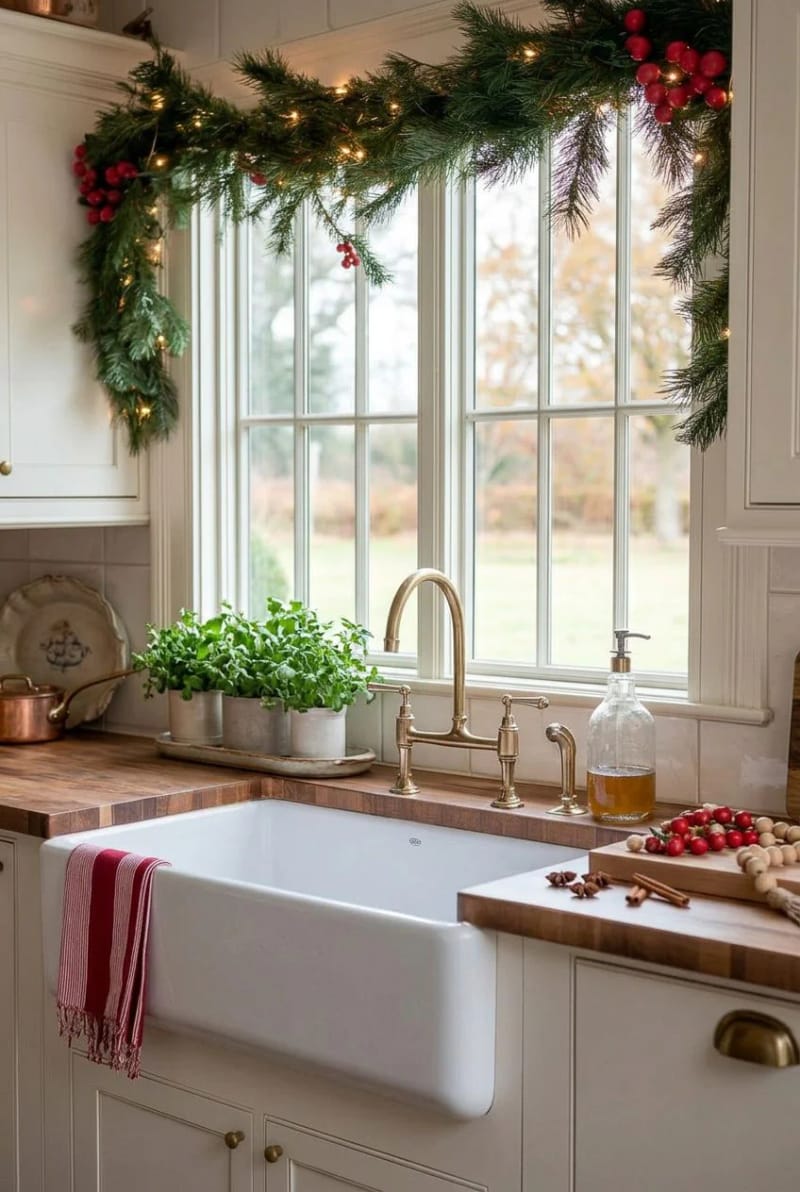 Christmas Kitchen Decor on a Budget: 9 Ideas Ranked by Impact per Dollar 16 frame the sink window with garland, not a lonely wreath 1