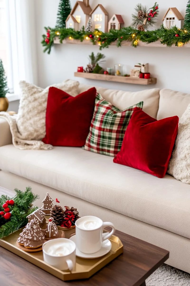 Cozy Christmas Living Room Ideas for Small Spaces, Without the Clutter 9 garland the tv and the shelves when there's no mantel 8