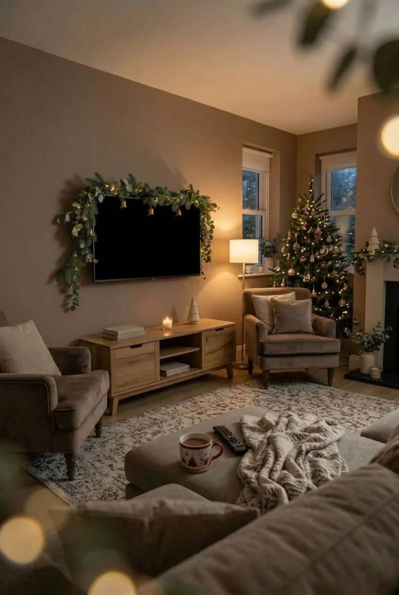 Cozy Christmas Living Room Ideas for Small Spaces, Without the Clutter 10 garland the tv and the shelves when there's no mantel 9