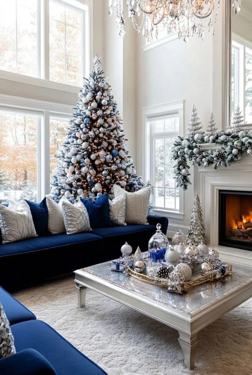 Blue and Silver Christmas Decor Ideas for the Living Room That Don't Read as Cold 9 get the blue into the room with velvet, not paint 1