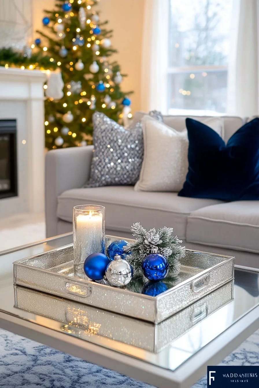 Blue and Silver Christmas Decor Ideas for the Living Room That Don't Read as Cold 19 give the coffee table one tray and nothing else 1
