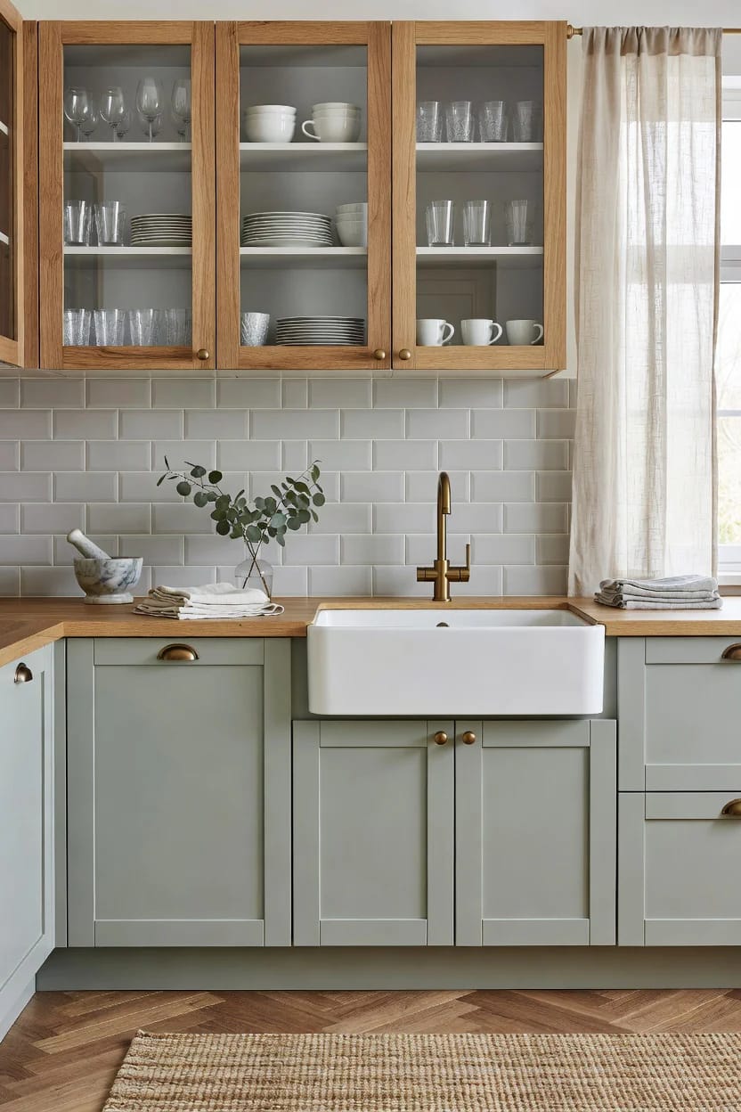 Timeless Kitchen Ideas That Still Look Right in a Decade 5 A timeless kitchen design featuring glass-front upper cabinets displaying neatly arranged dishes and glassware, light wood trim, a white farmhouse sink with a brass faucet, pale green lower cabinets, subway tile backsplash, and natural light from a nearby window, illustrating enduring kitchen ideas.