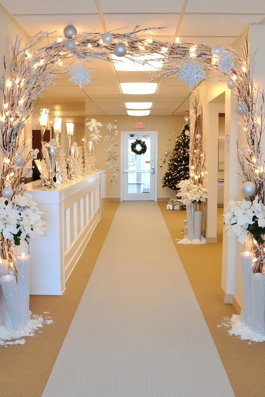 go all white for a winter wonderland door that reads down the hall 1