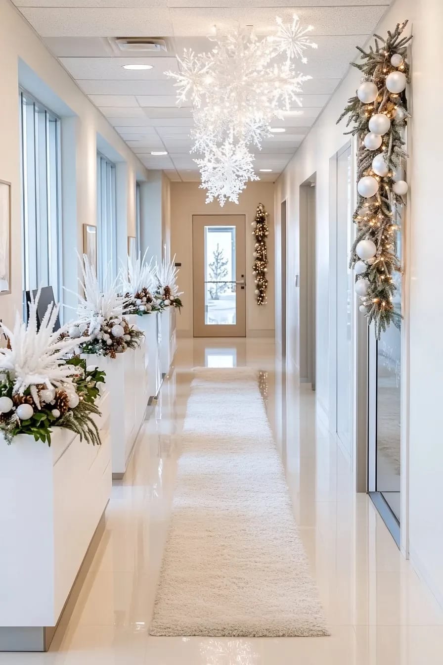 go all white for a winter wonderland door that reads down the hall 1