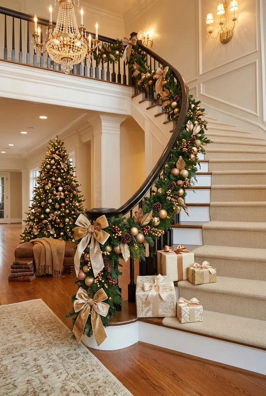 go gold: metallic garland for a staircase that reads formal 1