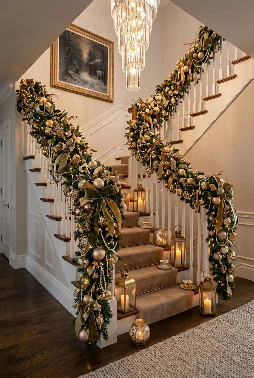 go gold: metallic garland for a staircase that reads formal 1