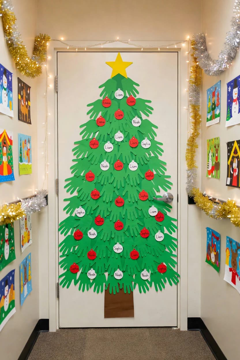 grow a handprint christmas tree up the classroom door 1
