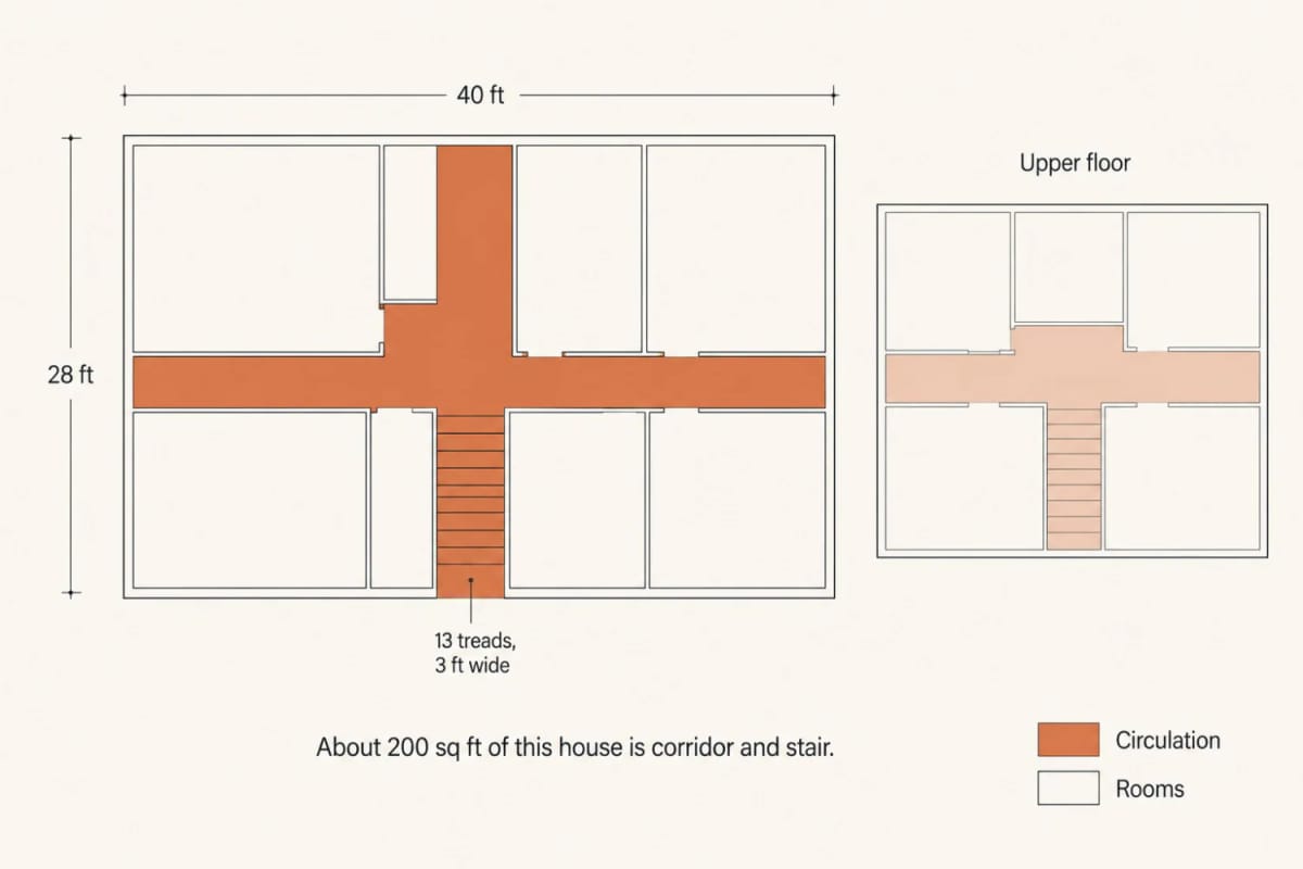 halls and stairs are square footage you pay for and never sit in 1