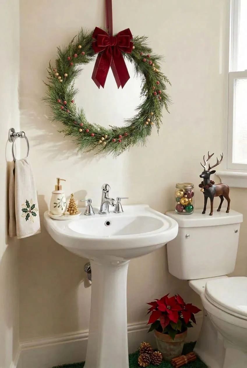 hang a compact wreath or a velvet bow on the mirror itself 1