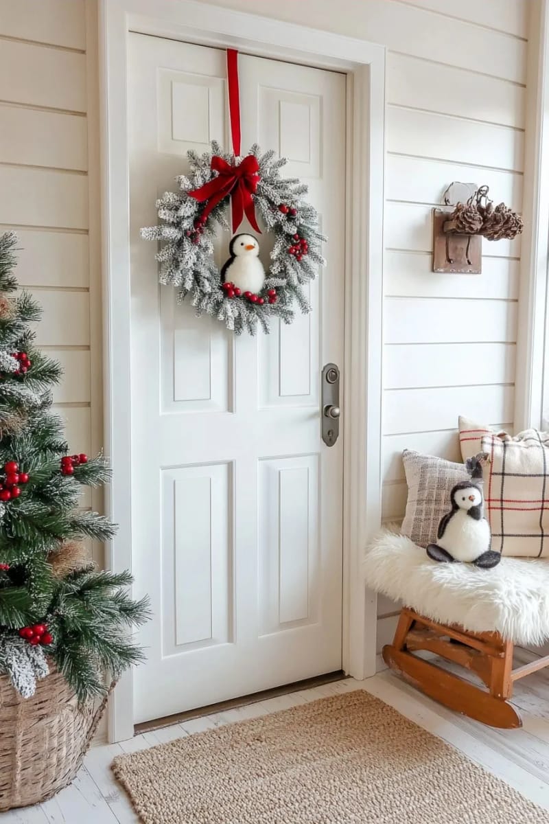 hang a penguin wreath on an interior door or mirror 1