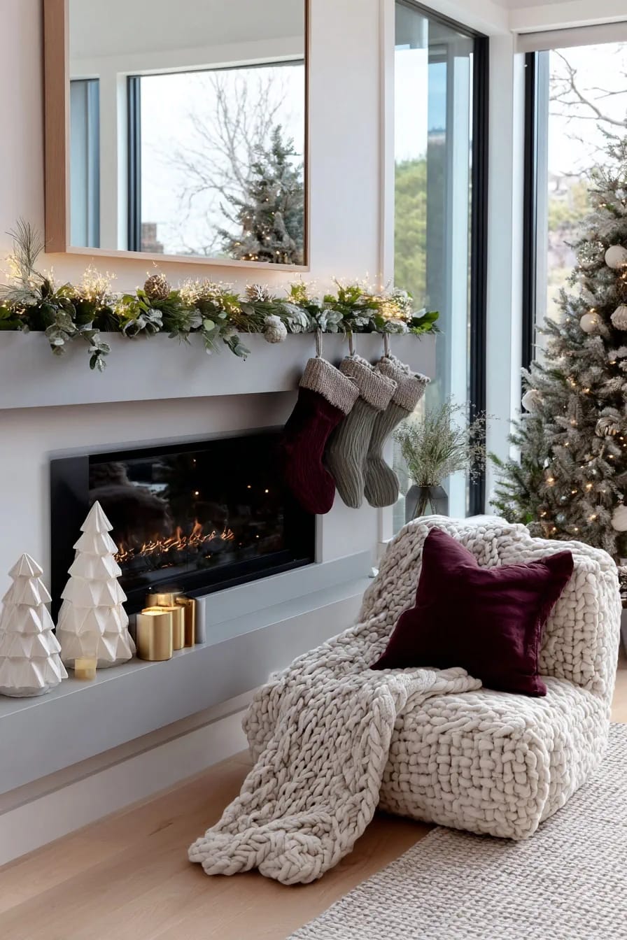 7 Modern Christmas Mantel Decor Ideas That Don't Look Like a Craft Store 9 hang fewer stockings, off-center, on weighted bases 1