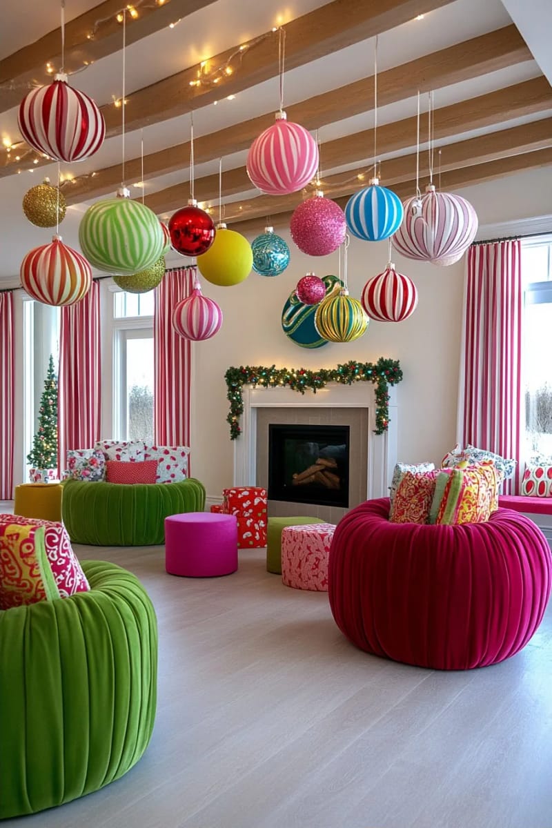 Whoville-Inspired Indoor Christmas Decorations That Skip the Generic Grinch Look 5 hang oversized ornaments from the ceiling, not just the tree 4
