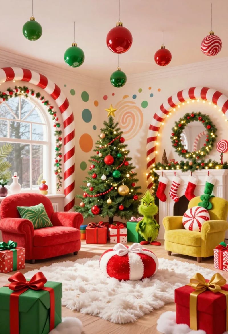 Whoville-Inspired Indoor Christmas Decorations That Skip the Generic Grinch Look 7 hang oversized ornaments from the ceiling, not just the tree 6