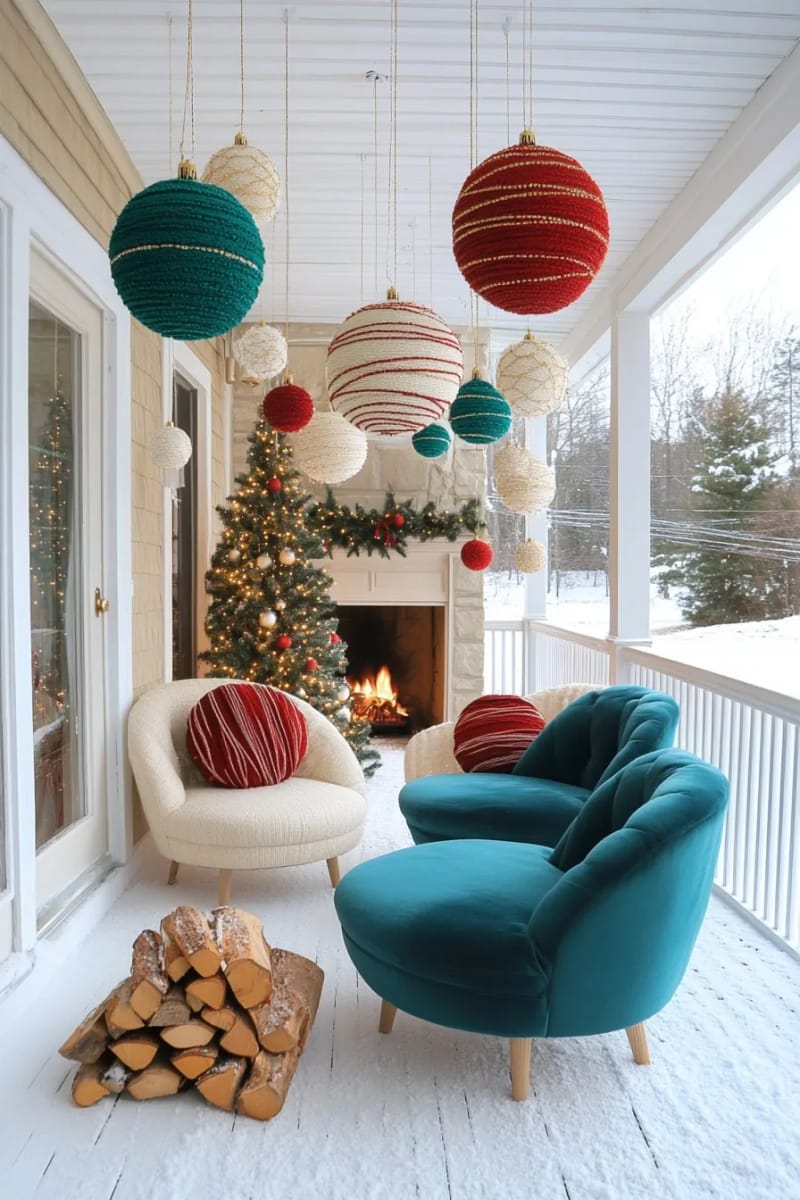 hang oversized ornaments from the porch ceiling, not the tree 1