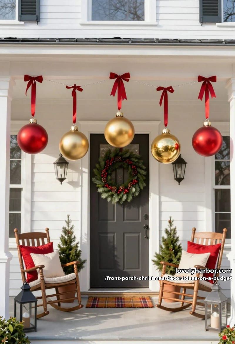 Front Porch Christmas Decor Ideas on a Budget 8 hang oversized ornaments where the porch ceiling is bare 7