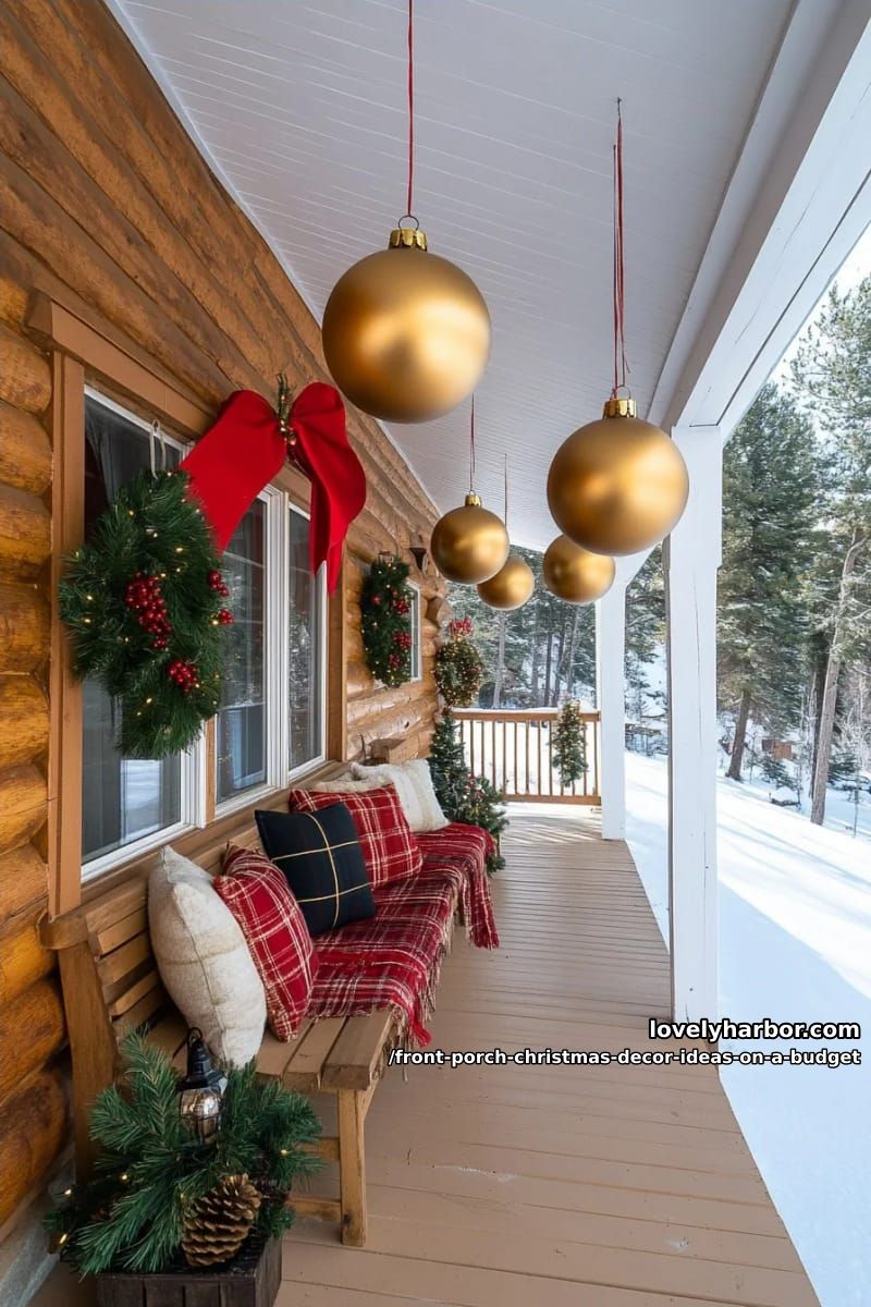 Front Porch Christmas Decor Ideas on a Budget 9 hang oversized ornaments where the porch ceiling is bare 8
