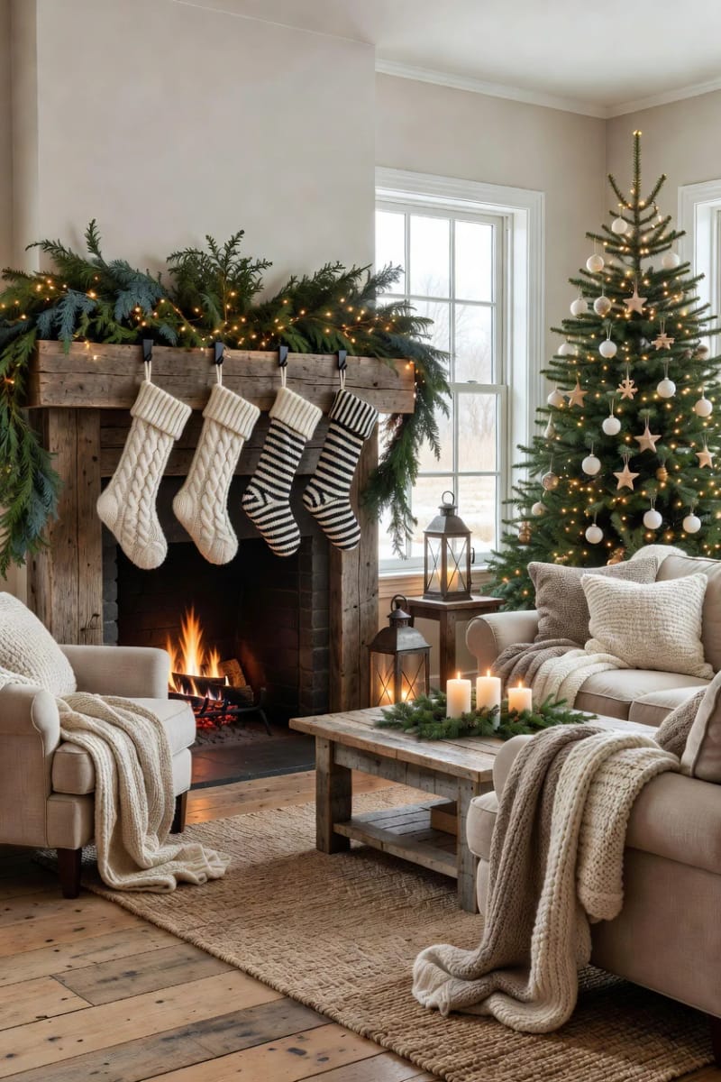 Farmhouse Christmas Mantel Decorating Ideas That Skip the Store-Bought Look 11 hang stockings on weighted holders so they stop sliding off 1