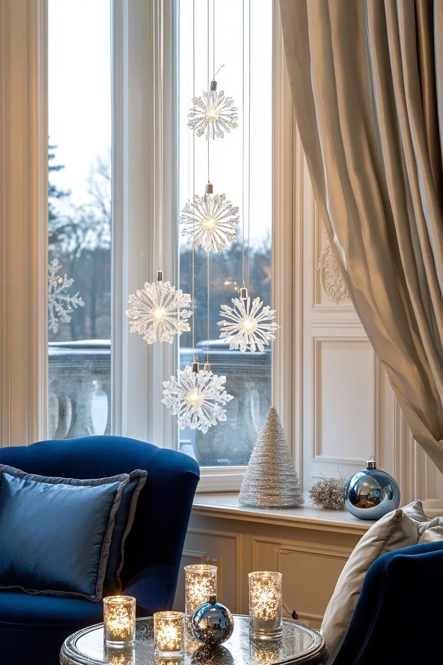 Blue and Silver Christmas Decor Ideas for the Living Room That Don't Read as Cold 17 hang the snowflakes in the window instead of on the tree 1