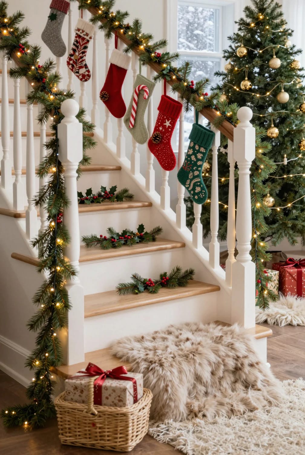 Christmas Decor Ideas Without a Fireplace: Where to Put the Focal Point Instead 4 hang the stockings from the stair rail, not a row of wall hooks 1