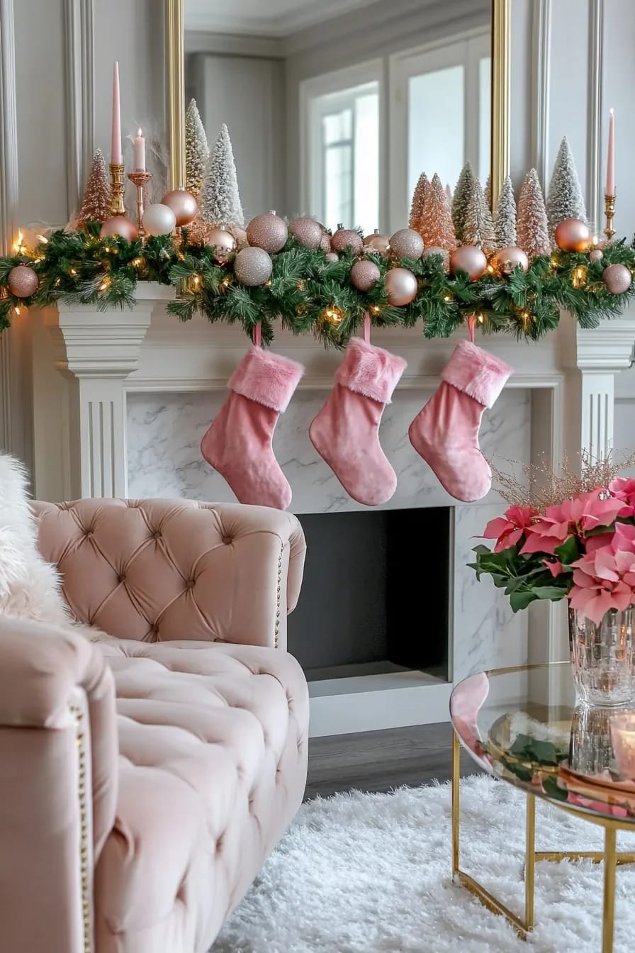 Pink Christmas Decor Ideas for a Glam Living Room 11 hang velvet stockings and a flocked garland on the mantel 1