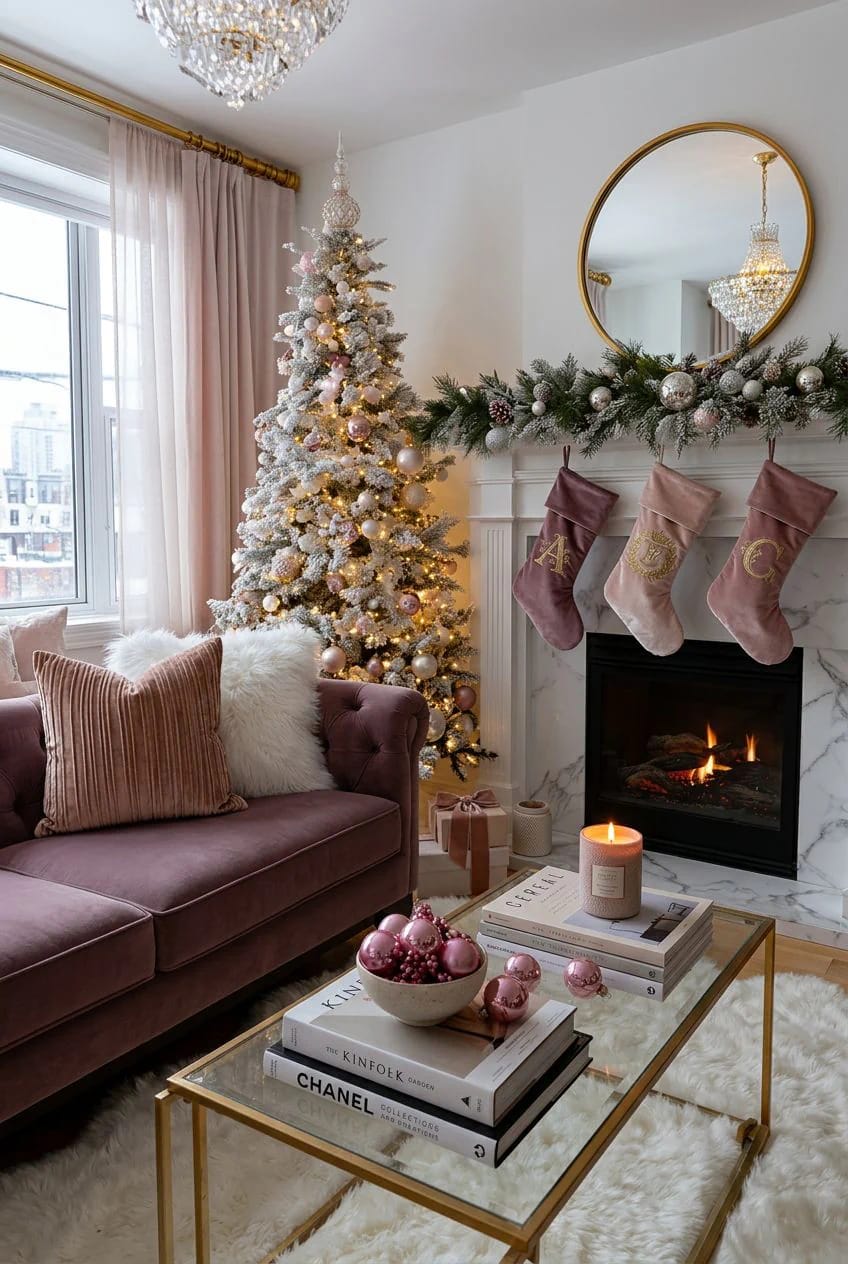 Pink Christmas Decor Ideas for a Glam Living Room 12 hang velvet stockings and a flocked garland on the mantel 1
