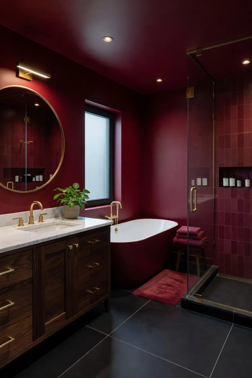 Burgundy Bathroom Ideas, Sorted by How Much Nerve You Have 9 how far to take the burgundy 1