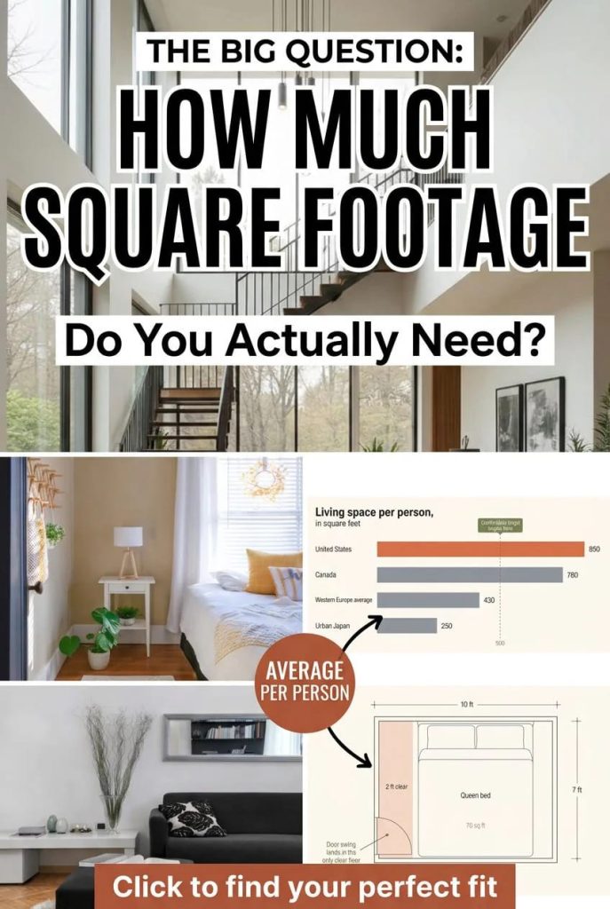 Collage showing a modern home interior, a bedroom, a living space comparison chart by country, and a room layout diagram, illustrating how much square footage you actually need.