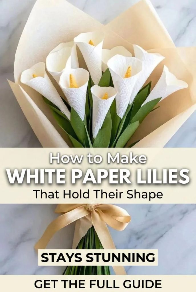 Lovely Harbor 46 Bouquet of handmade white paper calla lilies with yellow centers and green leaves, wrapped in beige paper and tied with a satin ribbon, illustrating how to make white paper calla lilies that hold their shape.
