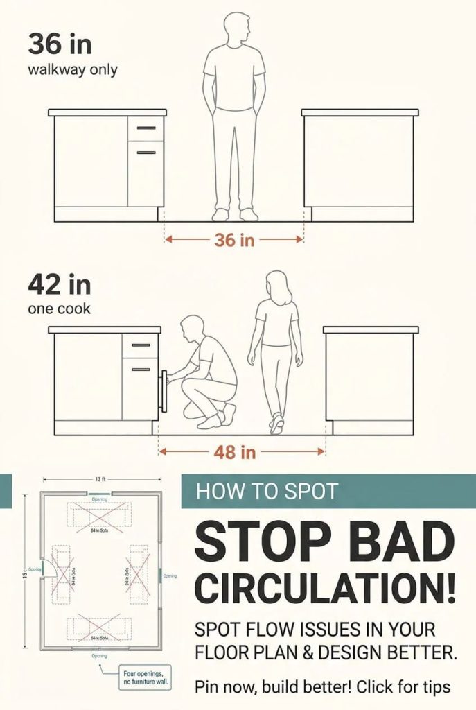 Lovely Harbor 47 Infographic showing how to spot bad circulation in a floor plan with diagrams illustrating recommended walkway and cook space widths in a kitchen, a sample floor plan with openings, and text highlighting tips for identifying poor circulation flow in home layouts.