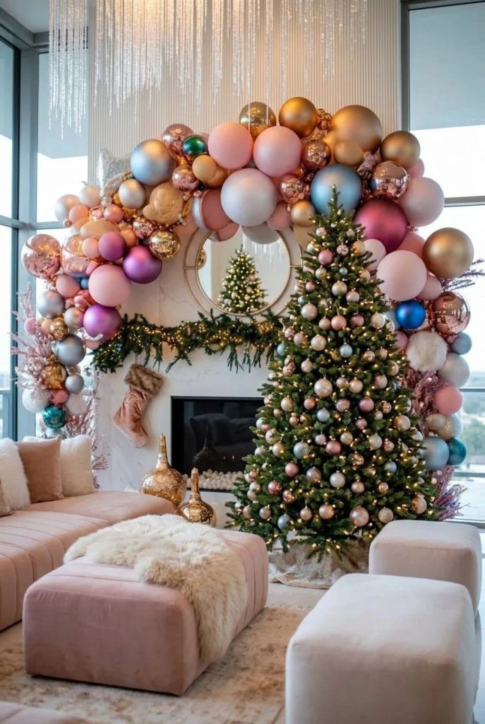A modern living room decorated with oversized whimsical Christmas ornaments in pastel and metallic tones, featuring a Christmas tree adorned with matching ornaments, a festive garland, and a dramatic balloon arch above the fireplace, illustrating indoor holiday drama without looking cheap.