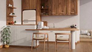Japandi Kitchen Ideas: 10 Design Decisions That Keep It Warm, Not Clinical 7 A Japandi style kitchen with natural wood cabinets, minimalist white appliances, a wooden breakfast bar with two chairs, open shelving with simple decor, and a potted plant, illustrating a warm and inviting kitchen design.