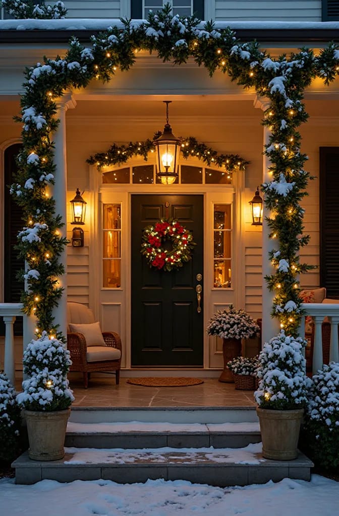 layer a lit garland on the railing and door 1