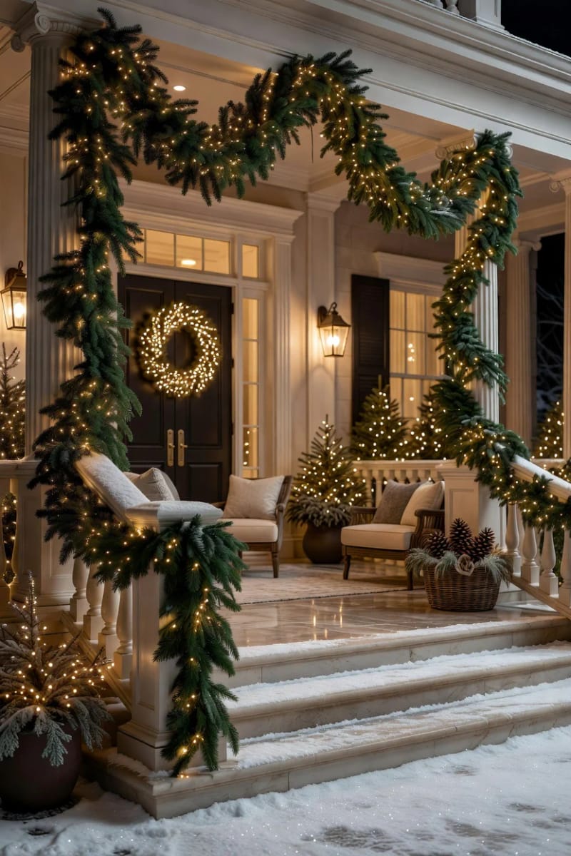 layer a lit garland on the railing and door 1