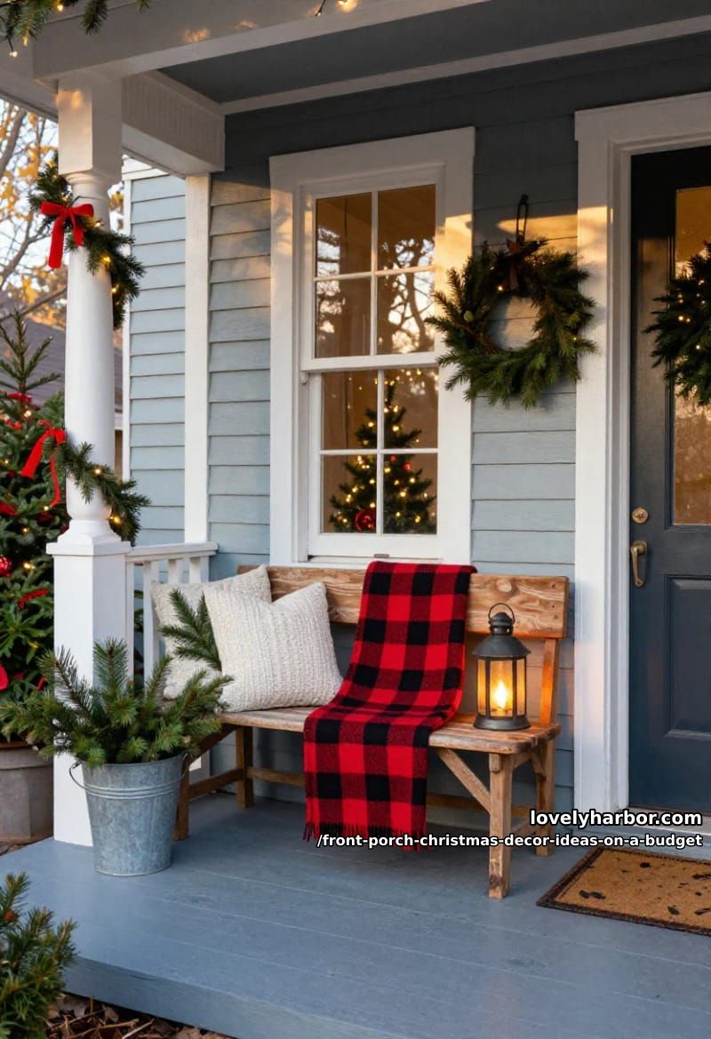 layer a thrifted bench with a plaid throw for cozy seating 1