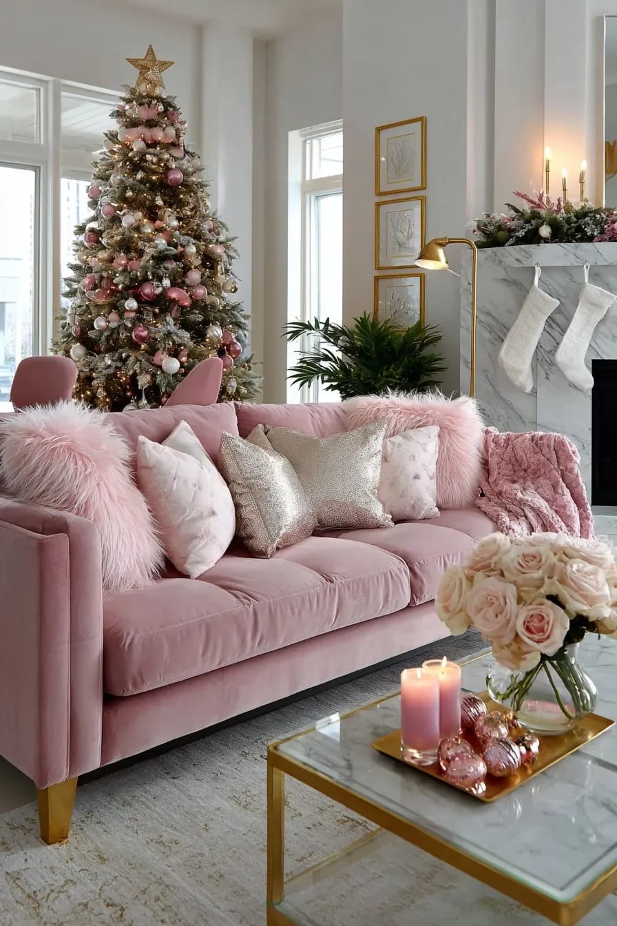 Pink Christmas Decor Ideas for a Glam Living Room 16 layer blush velvet and faux fur on the sofa 1